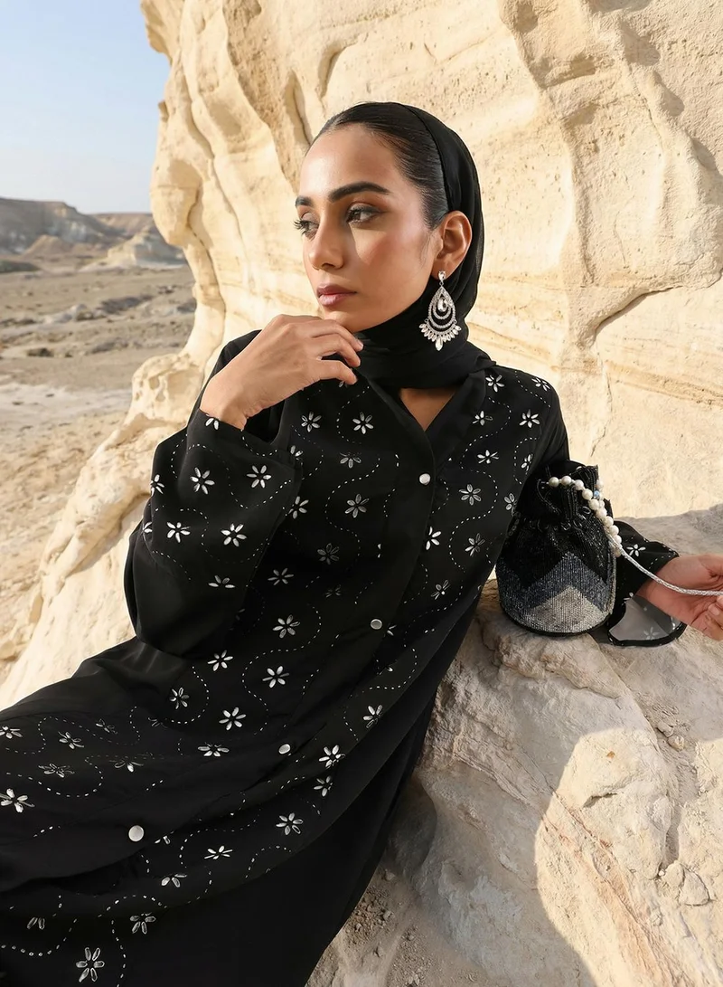 ISHIN Black Floral Laser Cut Abaya with Hijab